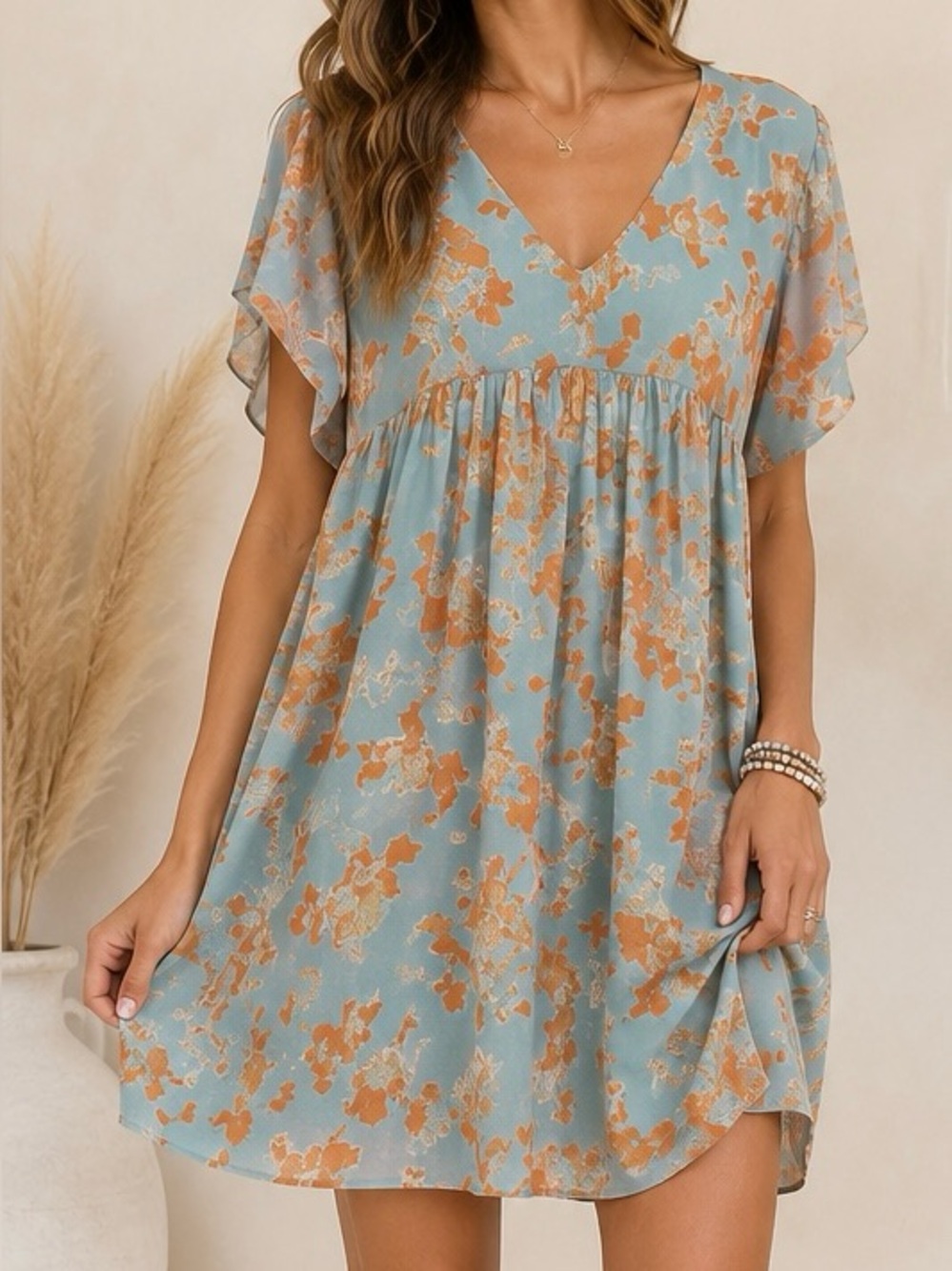 Peach Love California Aqua and Sunset Floral Babydoll Woven Dress